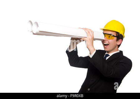 Funny architect with drawings on white Stock Photo