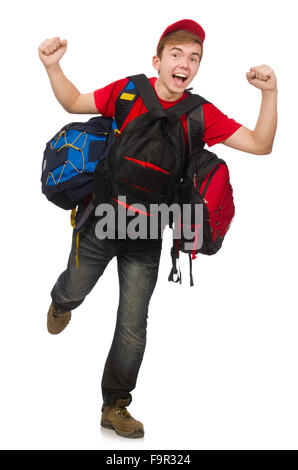 Young traveller with backpack isolated on white Stock Photo