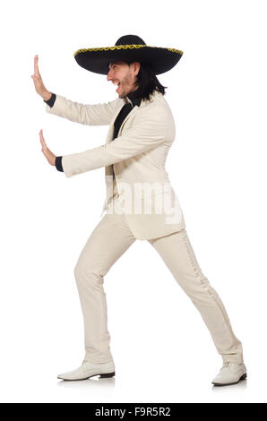 Funny mexican in suit and sombrero isolated on white Stock Photo