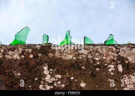 Cement wall covered with broken glass pieces Stock Photo