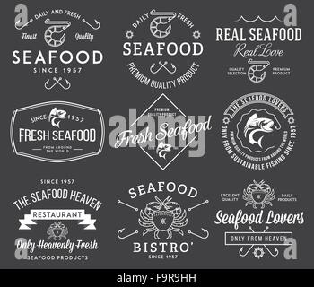 White on black seafood labels and badges Vol. 2 for any use Stock Vector
