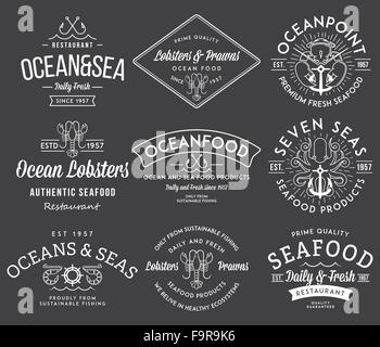 White on black seafood labels and badges vol. 3 for any use Stock Vector