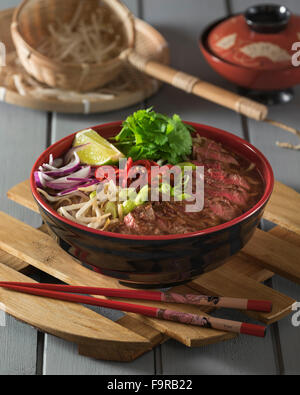 Beef ramen. Spicy meat broth with beef and noodles. Japanese food Stock Photo