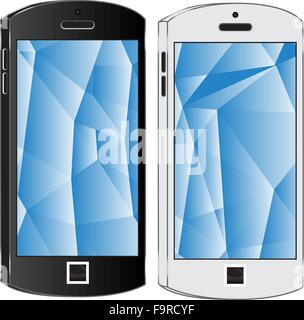 Two modern cell phone on a white background. Mobile phone. Smartphone. Blank screen. Triangular pattern on the smartphone screen Stock Vector