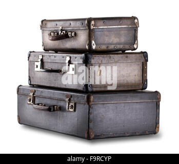 Stack of old suitcases isolated on white background Stock Photo