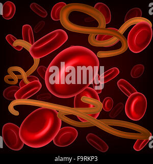 A medical illustration, a microscopic view of  a disease virus cell or bacteria germ and red human blood cells Stock Photo