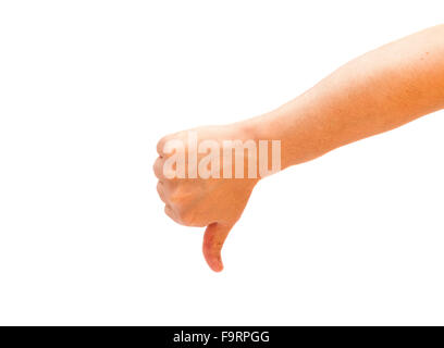Thumb down male hand sign isolated on a white background Stock Photo