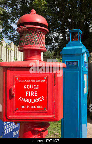 UK, England, Worcestershire, Bromsgrove, Avoncroft Museum, National Telephone Kiosk Collection, red roadside emergency call box Stock Photo