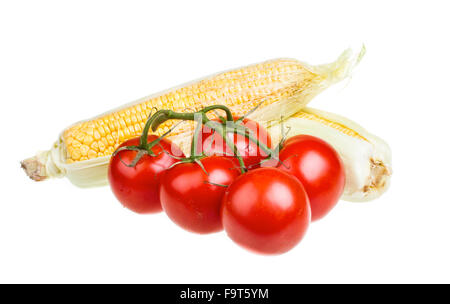 ripe yellow corn and tomato Stock Photo