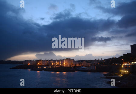 The sun goes down over Plymouth Waterfront . Stock Photo