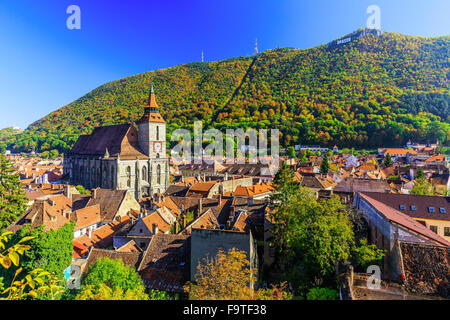 Brasov, Transylvania. Romania. Panoramic view of the old town center and Tampa mountain. Stock Photo