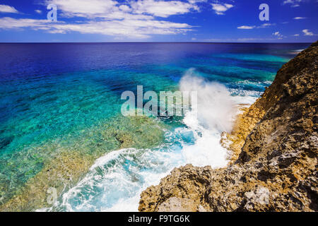 Alofi, Niue. Blow hole on the rugged shores of Niue. Stock Photo