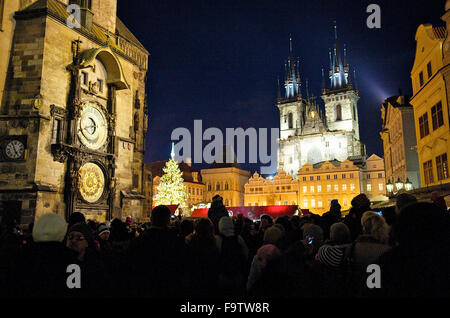 View across The Old Town Square with the town hall astronomical clock in Prague, Czech Republic. Stock Photo