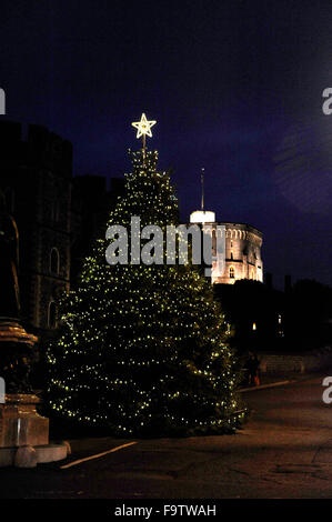 Christmas lights in Windsor Berkshire UK and the Christmas tree outside the castle Stock Photo