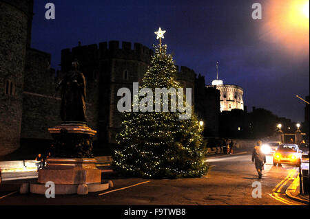 Christmas lights in Windsor Berkshire UK and the Christmas tree outside the castle Stock Photo