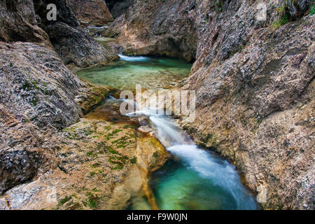 Waterfall in the river Almbach running through the Almbachklamm canyon in the Berchtesgaden Alps, Bavaria, Germany Stock Photo