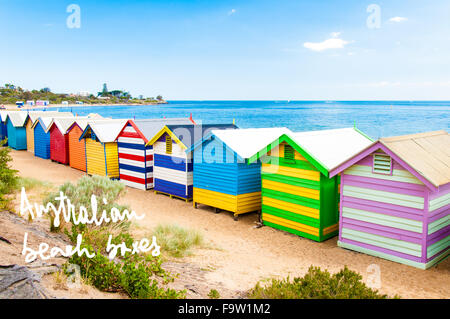 Bathing boxes at Brighton Beach, Australia with hand written text Australian beach boxes Stock Photo