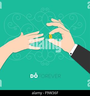 Vector illustration of groom's hand putting wedding ring on bride's finger for your design Stock Vector