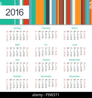 Calendar 2016 design. Week starts on Sunday Stock Vector
