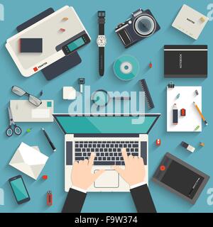 Flat style modern design concept of creative workplace of a designer. Icon set of business work flow items and elements, office Stock Vector