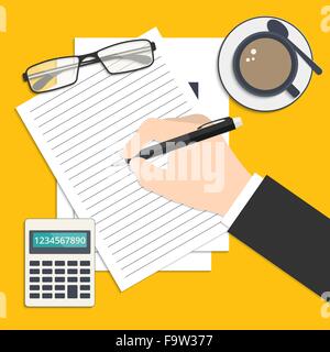 Businessman's hand writing his report or resume. Flat style business background with icons for your design Stock Vector