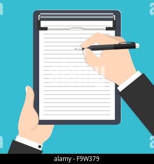 Vector illustration of businessman's hands holding clipboard and writing his report or resume for your design Stock Vector