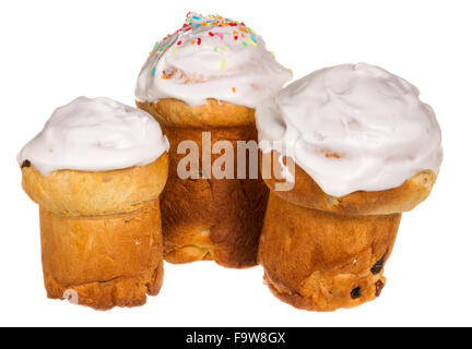 Easter cake with glace icing and easter eggs on white background Stock Photo