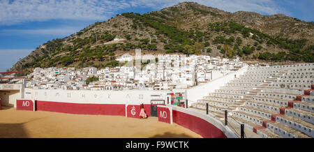 Bullring, white village of Mijas Pueblo in Southern Spain. Andalusia, Costa del Sol. Stock Photo