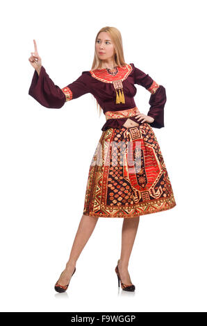 Woman in dress with oriental prints isolated on white Stock Photo