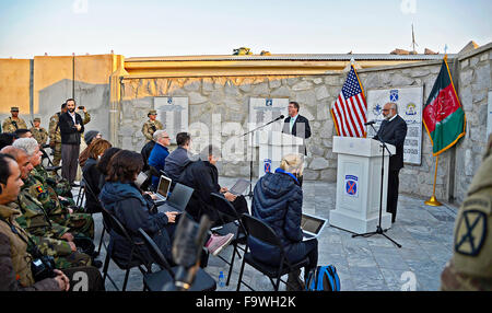 Jalalabad, Afghanistan. 18th Dec, 2015. US Secretary of Defense Ashton Carter and Afghan Defense Minister Mohammed Masoom Stanekzai hold a press conference during a surprise visit to Forward Operating Base Fenty December 18, 2015 in Jalalabad, Afghanistan. Stock Photo