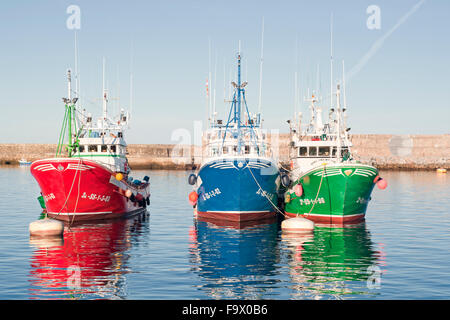 Horizontal picture of three commercial tuna fishing vessels in port. Hondarribia, Basque Country, Spain.