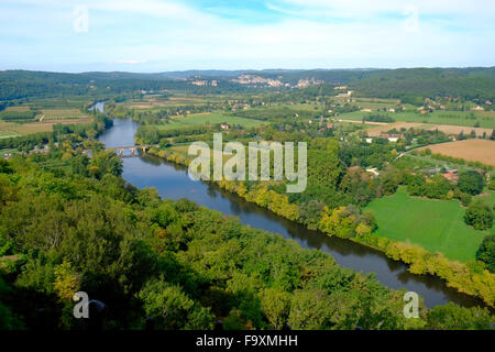 Late summer view over patchwork fields and river of the Dordogne valley from Domme, Aquitane, France Stock Photo