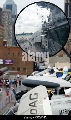 The view of flight deck of USS Intrepid aircraft carrier from the bridge, Intrepid Sea, Air & Space Museum.New York City, USA Stock Photo