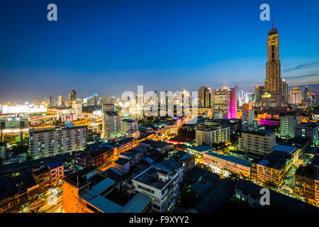 View of the Ratchathewi District at twilight, in Bangkok, Thailand. Stock Photo