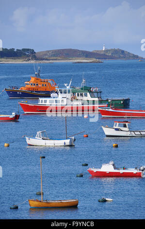 Boats at anchor in St Marys harbour,Isles of Scilly Cornwall UK Stock Photo
