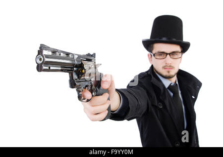 Young detective in black coat holding handgun isolated on white Stock Photo