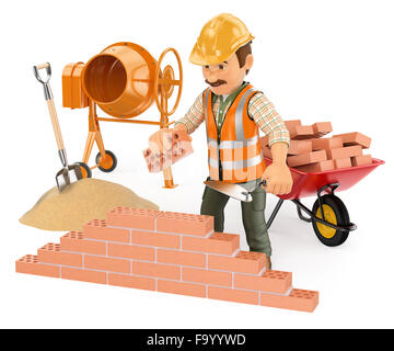 3d working people. Construction worker building a brick wall. Isolated white background. Stock Photo