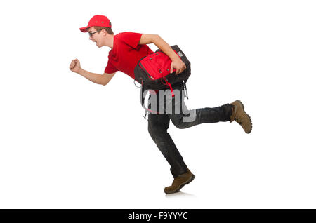 Young traveller with backpack isolated on white Stock Photo