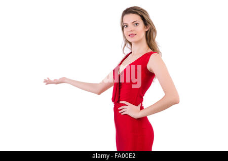 Young woman in red dress isolated on white Stock Photo