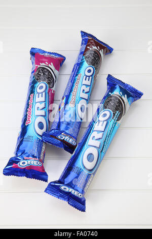 Kuala Lumpur,malaysia,14thMay2015,Three Oreo cookies packaging over white.Oreo is a sandwich cookie consisting of two chocolate Stock Photo