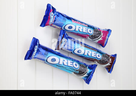 Kuala Lumpur,malaysia,14thMay2015,Three Oreo cookies packaging over white.Oreo is a sandwich cookie consisting of two chocolate Stock Photo