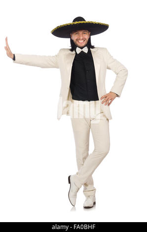 Funny mexican in suit and sombrero isolated on white Stock Photo