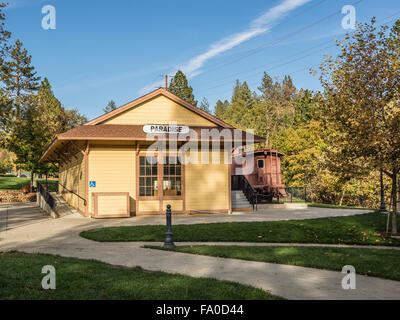 The Paradise California Depot Museum, a historical railroad station that is now a museum and survived the Camp Fire in 2018 which devastated Paradise. Stock Photo