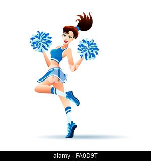 Young cheerleader dancing with pom-poms. Isolated on white. Stock Vector