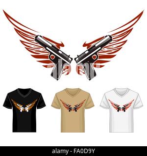 Two guns guns with wings shirt template. Illustration in tattoo style. Stock Vector