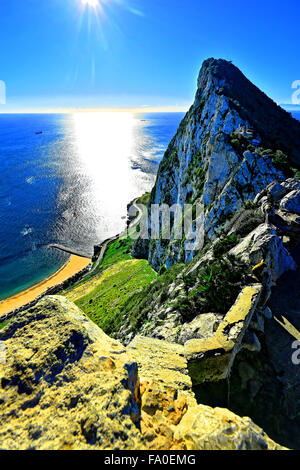 Gibraltar Rock and beach over the Mediterranean sea Stock Photo