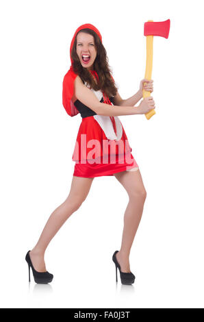 Funny woman with axe isolated on white Stock Photo