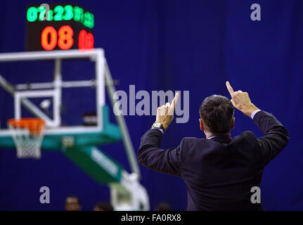 KYIV, UKRAINE - NOVEMBER 14, 2013: Ainars Bagatskis, head coach of Budivelnik Kyiv looks on during Turkish Airlines Euroleague b Stock Photo