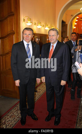 KYIV, UKRAINE - DECEMBER 17, 2010: President of Ukraine Olympic Committee Serhii Bubka (L) and President of International Olympic Committee Jacques Rogge gives an interview during Rogge's official visit to Ukraine on December 17, 2010 in Kyiv Stock Photo