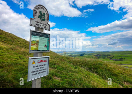 National Trust sign at Mam Tor, Derbyshire danger warning Stock Photo